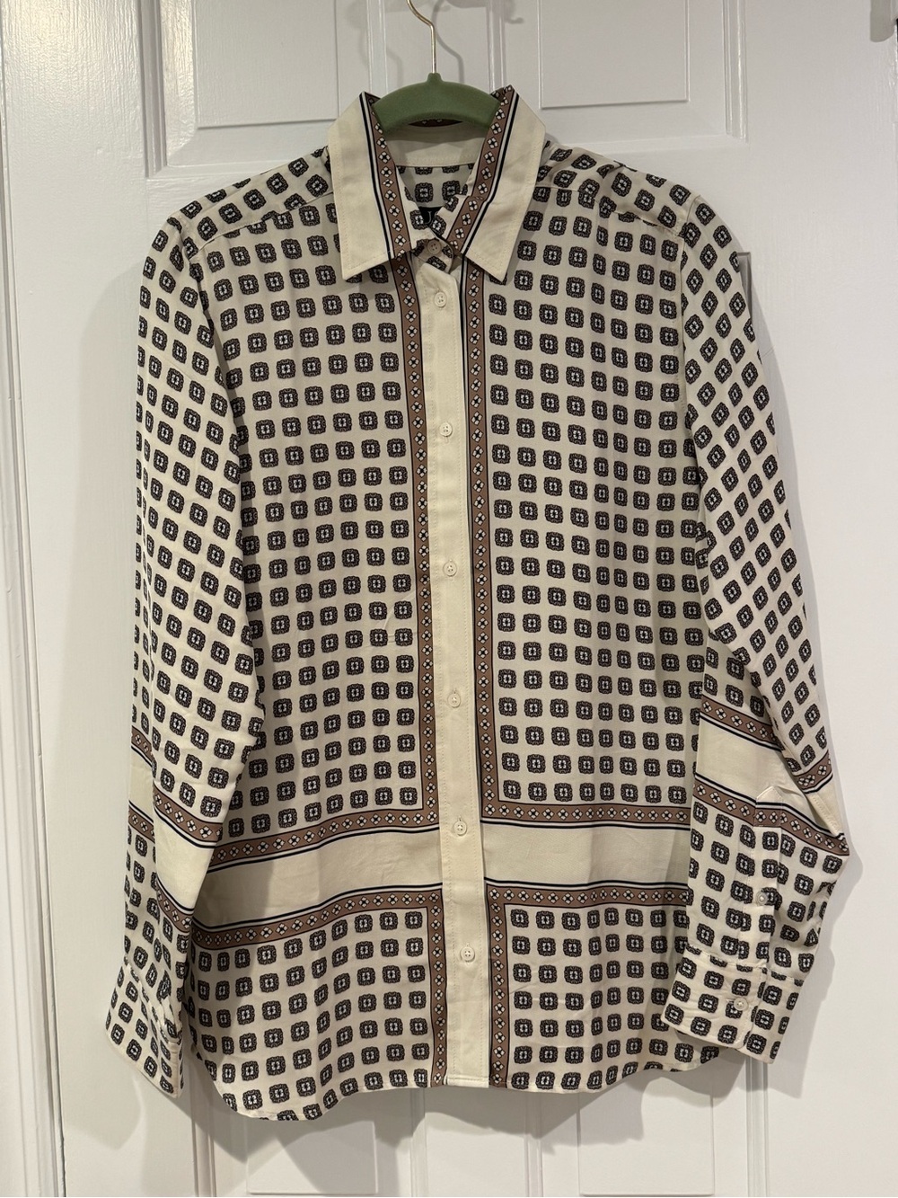 NWOT Cream, Brown and Black Patterned Button Down Blouse